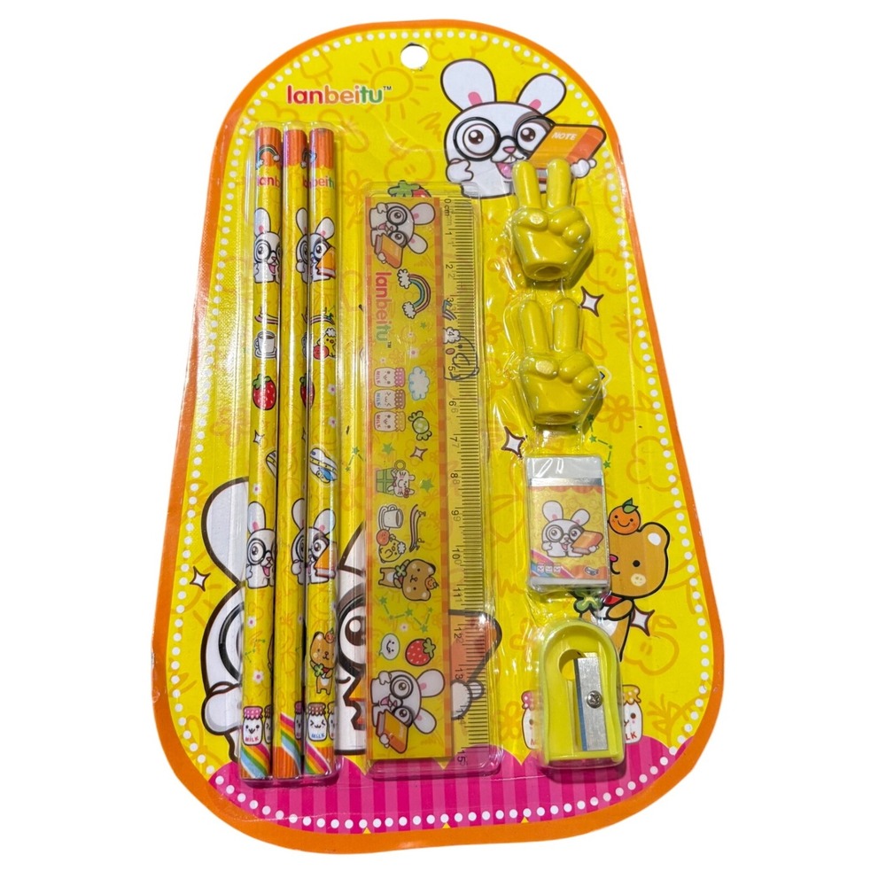 Lanbeitu Kawaii Stationery Set Pencils Ruler Eraser Sharpener Peace Sign Toppers